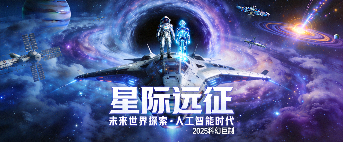 科幻史诗《星际远征》海报 - 未来世界探索，人工智能，高清视觉盛宴